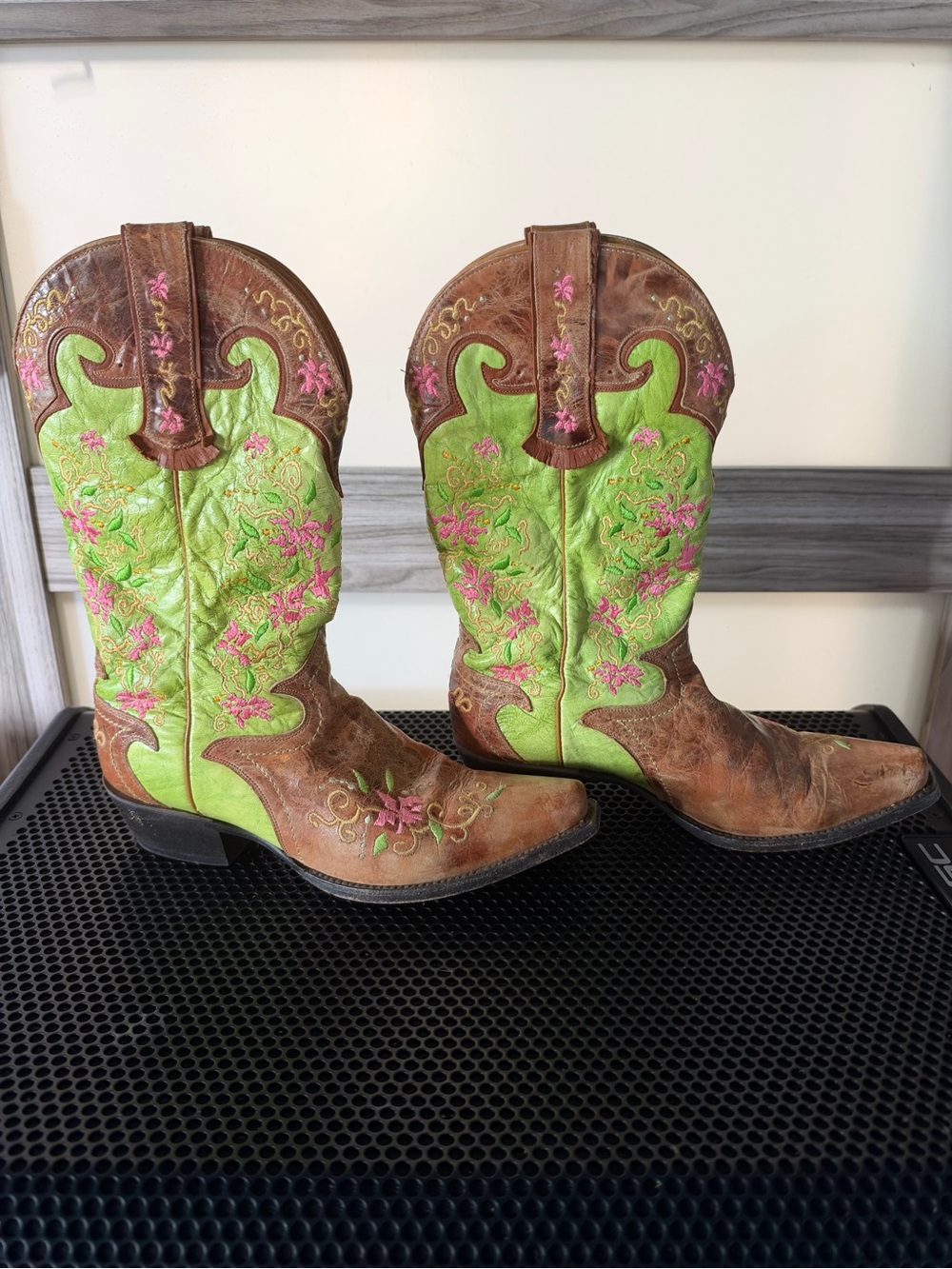 Sterling River Green Floral Embroidered Western Heeled Boots